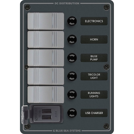 Blue Sea Systems Blue Sea - 5 Position Contura Switch Panel w/Dual USB Chargers - 12/24V DC - Black 8121